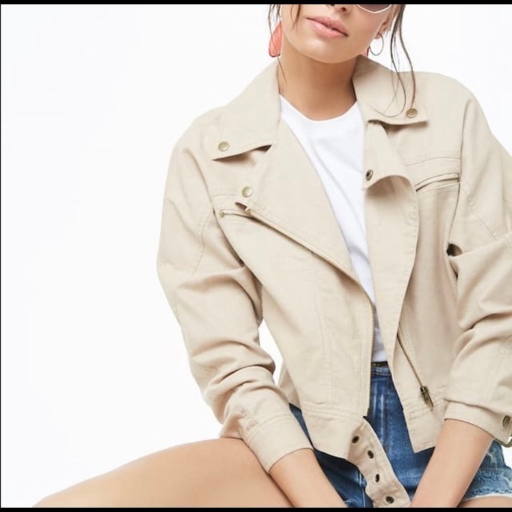 NWT Forever 21 Khaki Front Zipper Moto Jacket Size Large